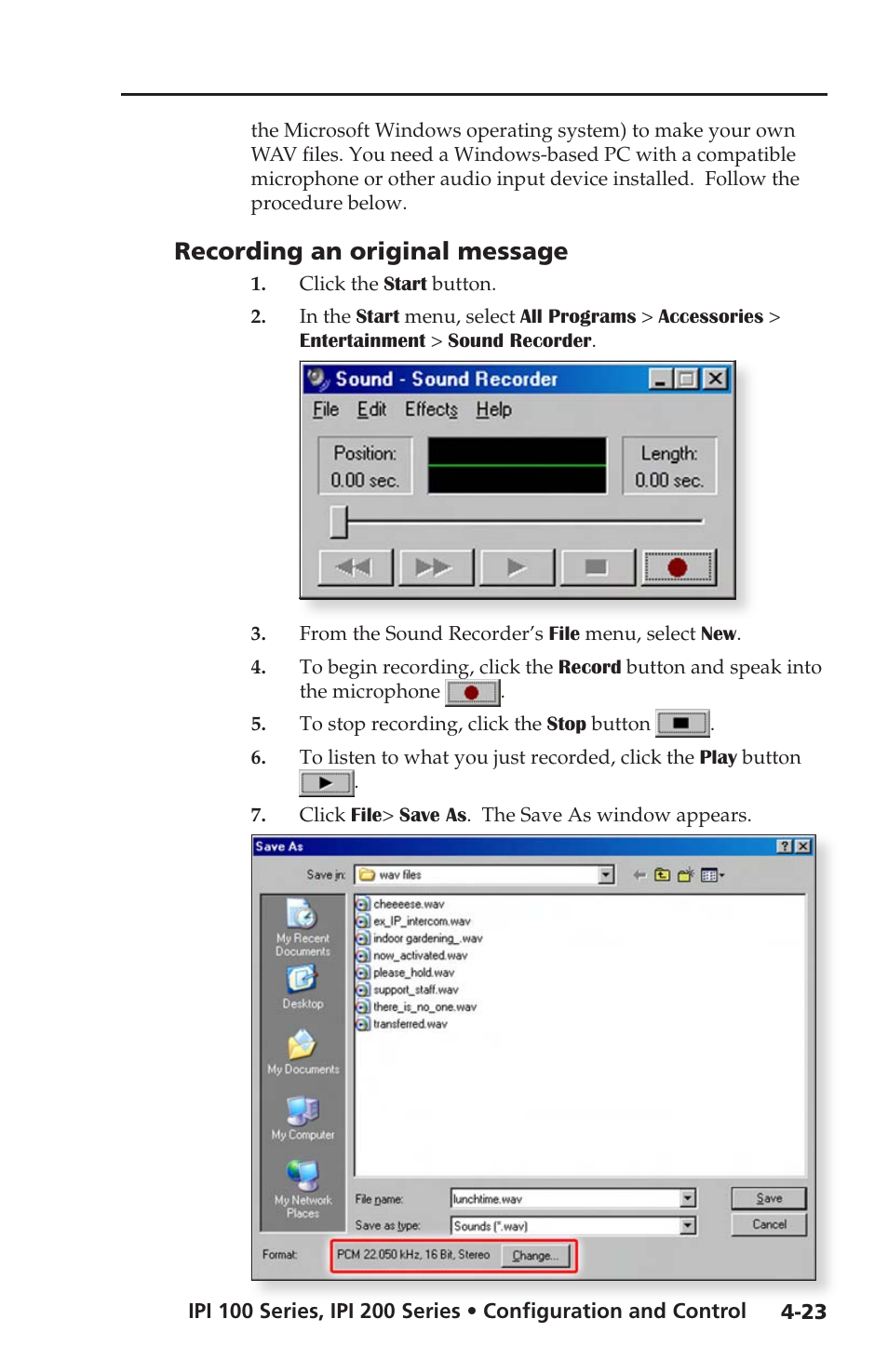 Recording an original message, Recording an original message -23 | Extron electronic IPI 100 Series User Manual | Page 55 / 100