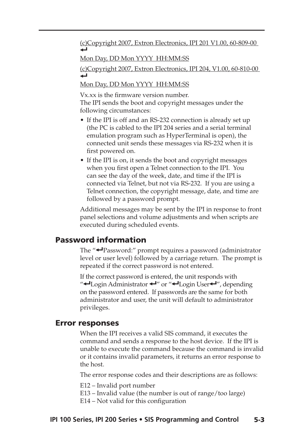 Password information, Error responses, Password information -3 error responses -3 | Extron electronic IPI 100 Series User Manual | Page 61 / 100