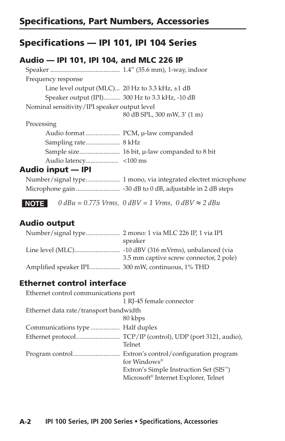 Specifications, Specifications — ipi 101, ipi 104 series, Specifications, part numbers, accessories | Audio input — ipi, Audio output, Ethernet control interface | Extron electronic IPI 100 Series User Manual | Page 92 / 100