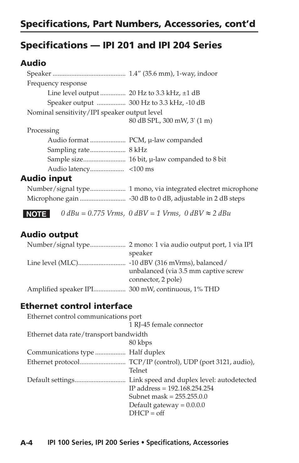 Specifications — ipi 201 and ipi 204 series, Specifications, part numbers, accessories, cont’d | Extron electronic IPI 100 Series User Manual | Page 94 / 100