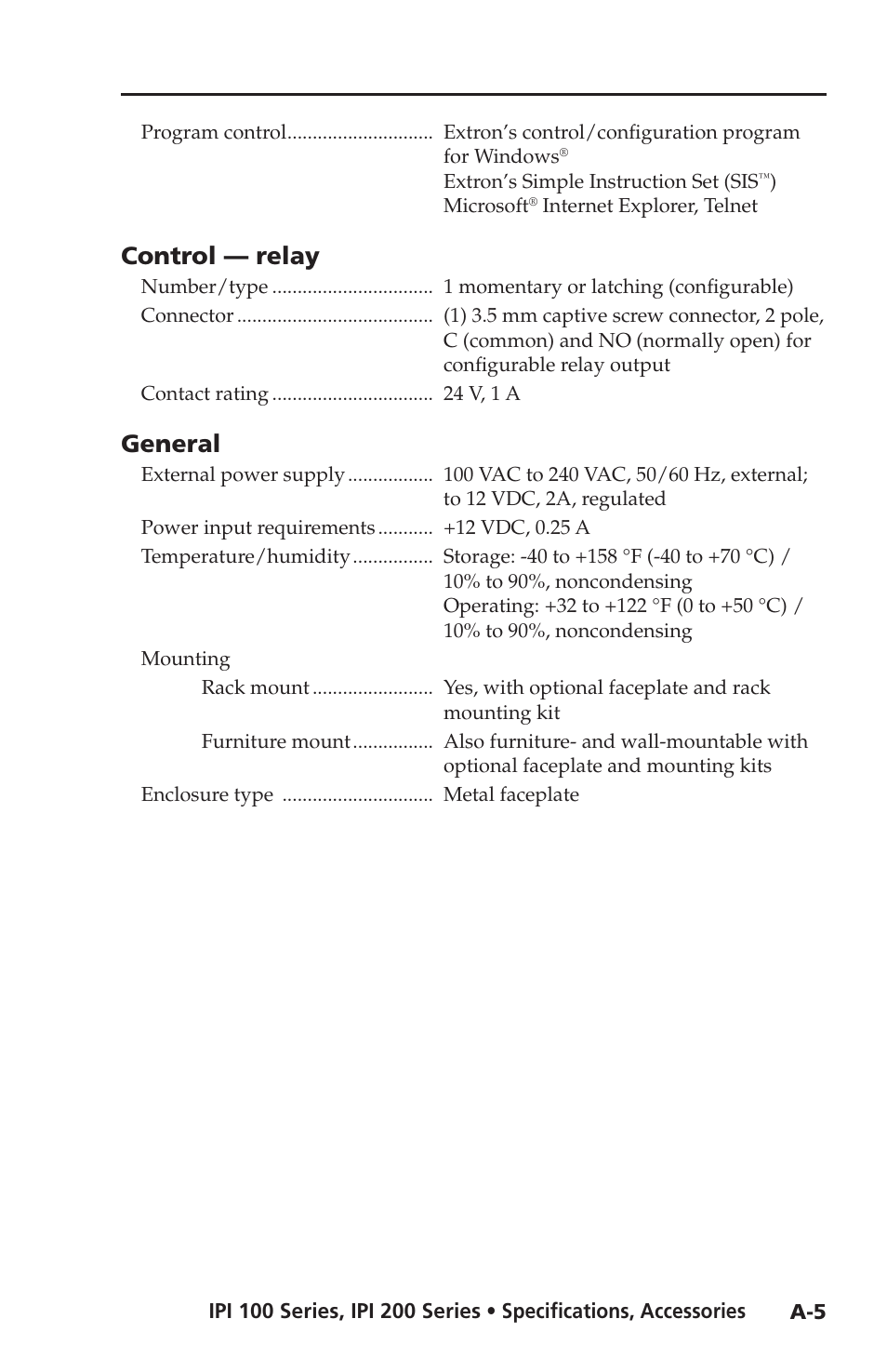 Control — relay, General | Extron electronic IPI 100 Series User Manual | Page 95 / 100