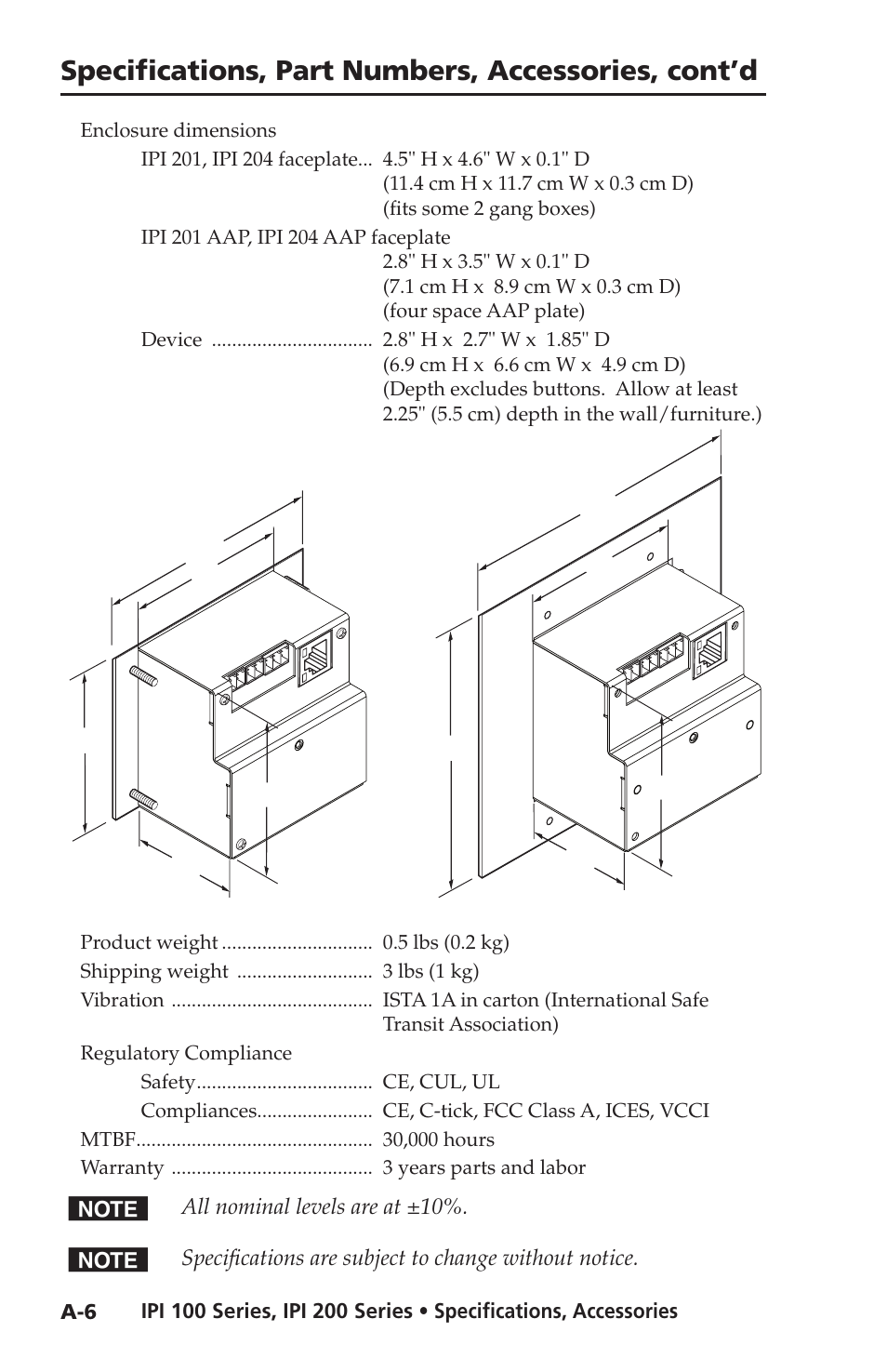 Specifications, part numbers, accessories, cont’d | Extron electronic IPI 100 Series User Manual | Page 96 / 100