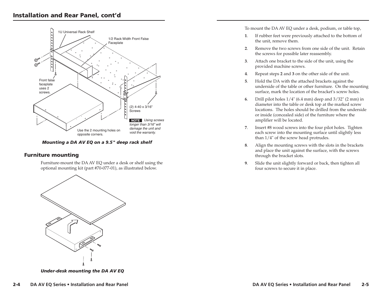 Furniture mounting, Installation and rear panel, cont’d | Extron Electronics DA 6V EQ User Manual | Page 10 / 22