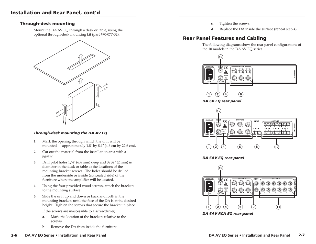 Through-desk mounting, Rear panel features and cabling, Installation and rear panel, cont’d | Da av eq series • installation and rear panel, Da 6v eq rear panel, Da 6av eq rear panel, Da 6av rca eq rear panel 2-6, Through-desk mounting the da av eq | Extron Electronics DA 6V EQ User Manual | Page 11 / 22