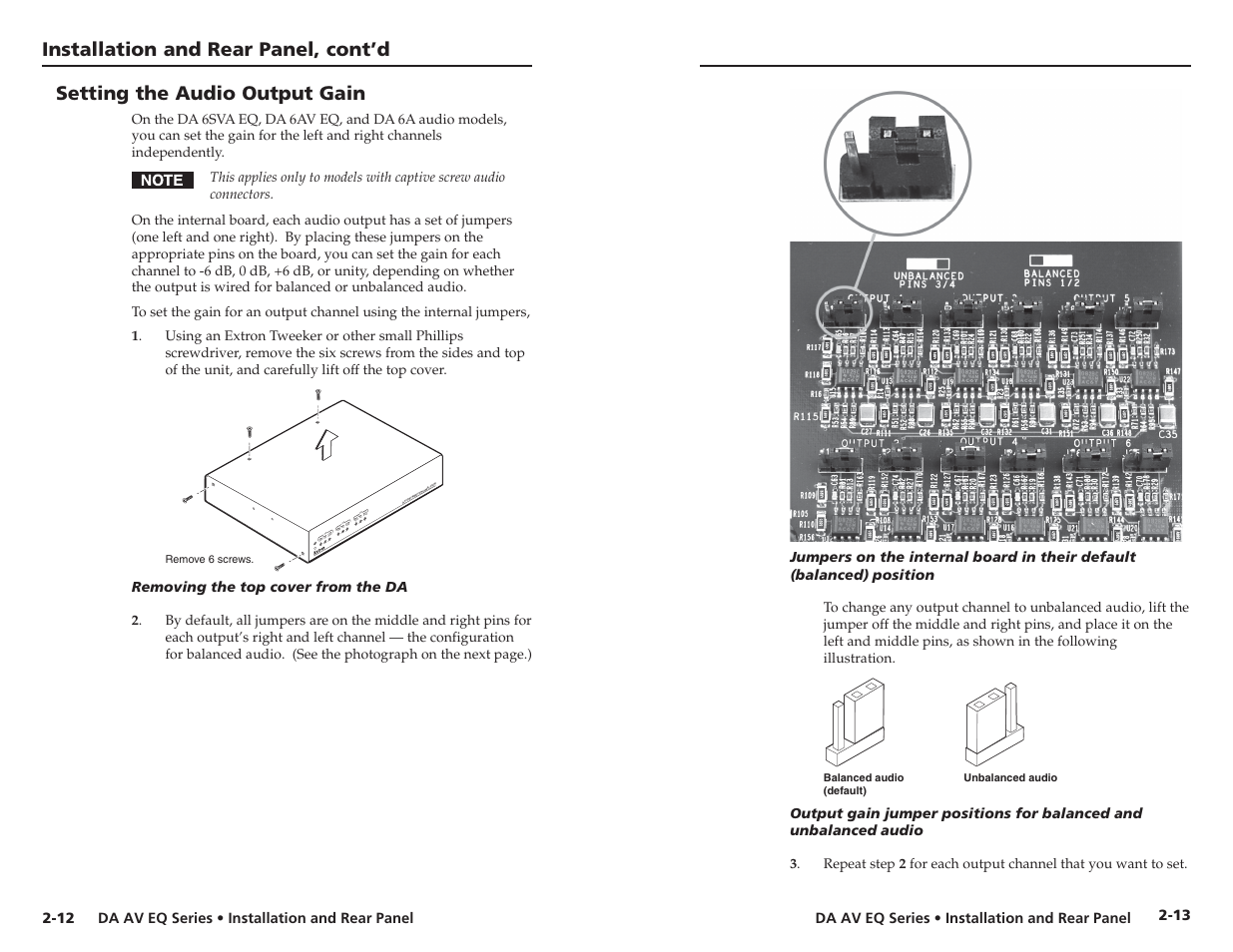 Setting the audio output gain, Installation and rear panel, cont’d | Extron Electronics DA 6V EQ User Manual | Page 14 / 22