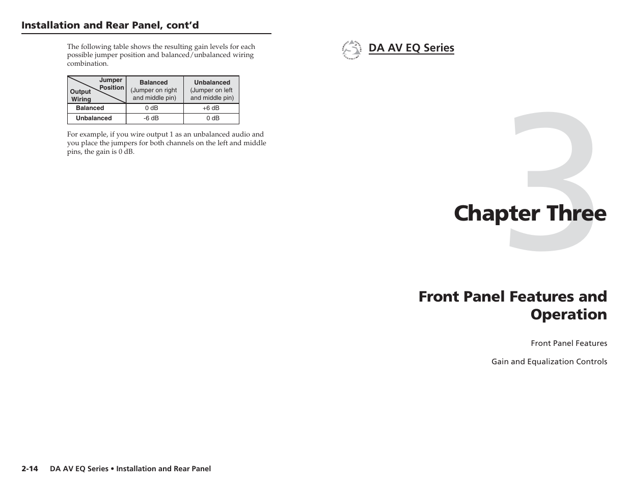 Front panel features and operation, Chapter three | Extron Electronics DA 6V EQ User Manual | Page 15 / 22