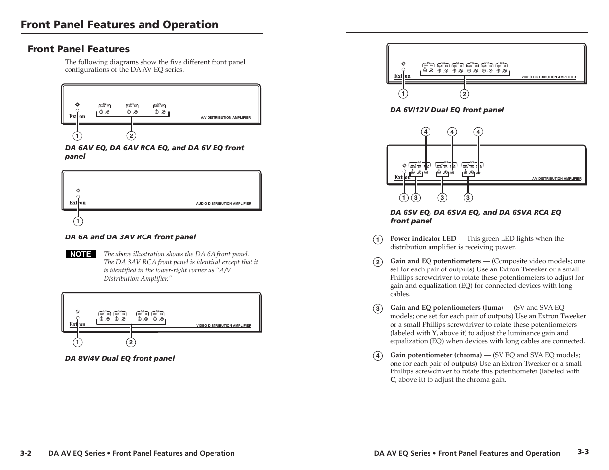 Front panel features, Front panel features and operation, Da 6v/12v dual eq front panel | Da 6av eq, da 6av rca eq, and da 6v eq front panel, Da 6a and da 3av rca front panel, Da 8v/4v dual eq front panel | Extron Electronics DA 6V EQ User Manual | Page 16 / 22