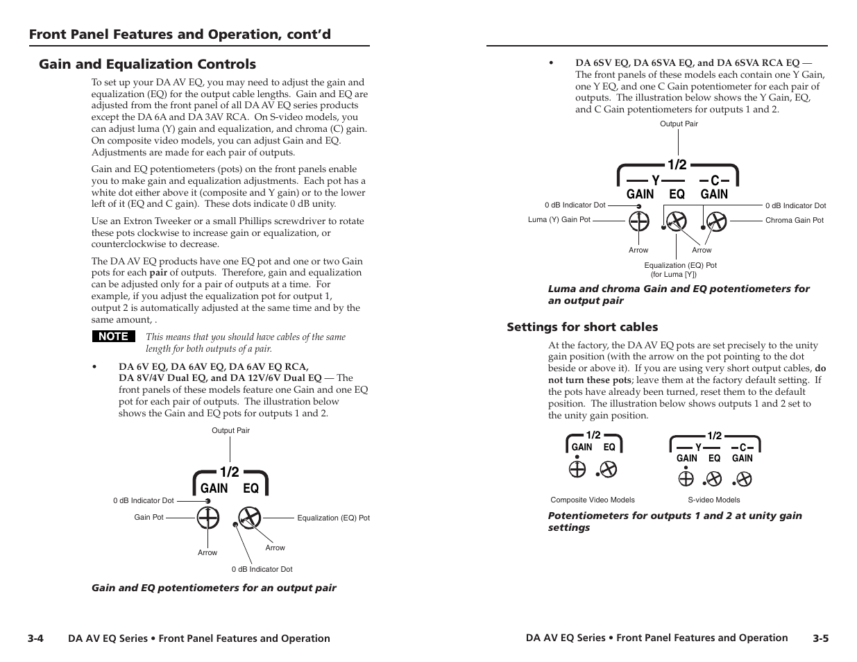 Gain and equalization controls, Settings for short cables, Front panel features and operation, cont’d | Yc 1/2, Eq gain, Gain | Extron Electronics DA 6V EQ User Manual | Page 17 / 22