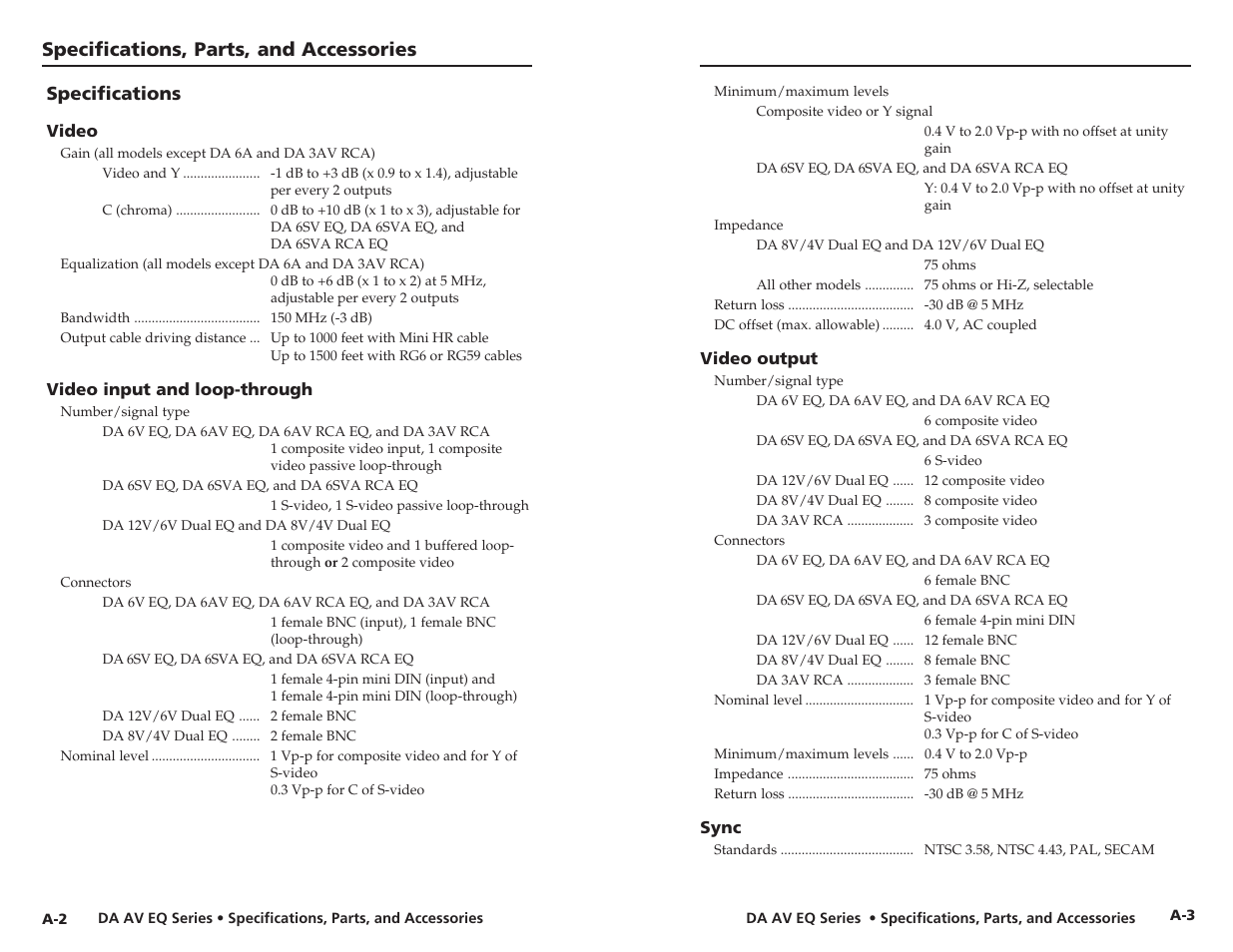 Specifications, Specifications, parts, and accessories | Extron Electronics DA 6V EQ User Manual | Page 19 / 22