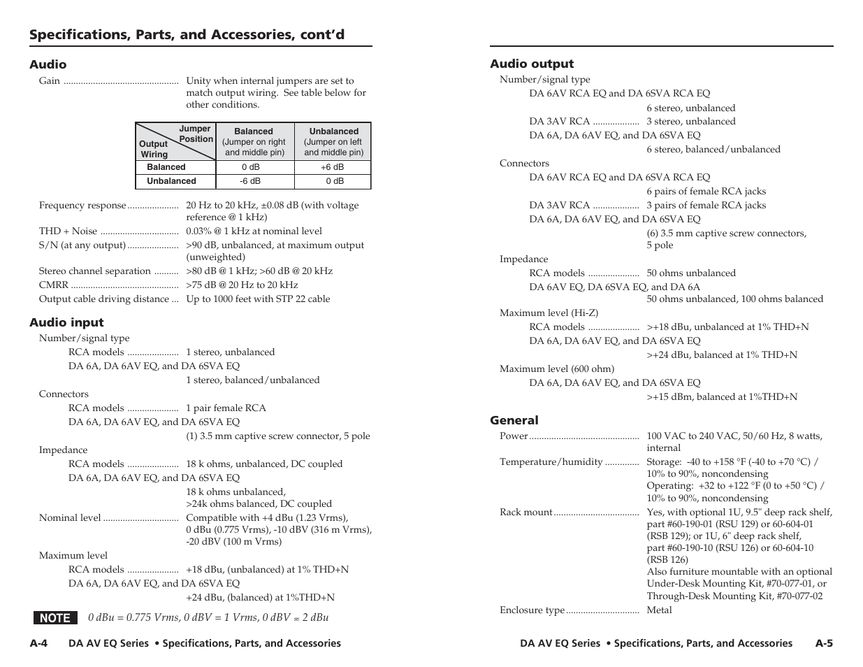 Specifications, parts, and accessories, cont’d | Extron Electronics DA 6V EQ User Manual | Page 20 / 22