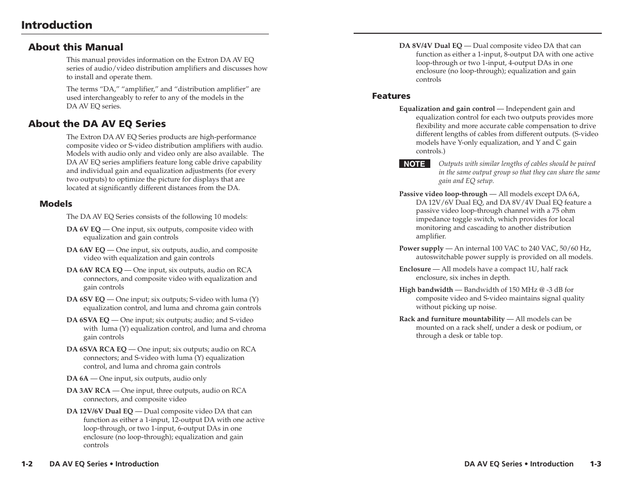 About this manual, About the da av eq series, Models | Features, Introduction | Extron Electronics DA 6V EQ User Manual | Page 7 / 22