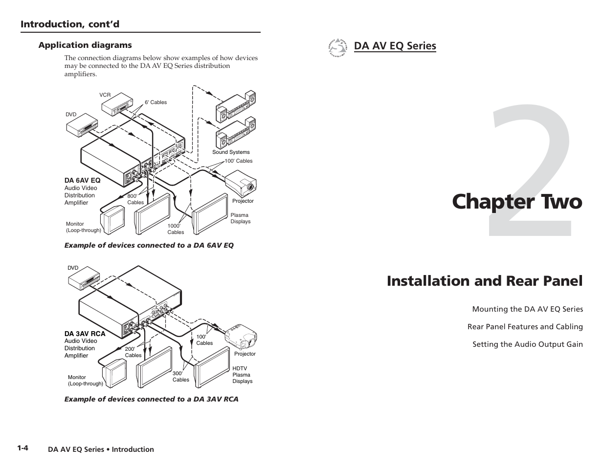 Application diagrams, Installation and rear panel, Chapter two | Extron Electronics DA 6V EQ User Manual | Page 8 / 22