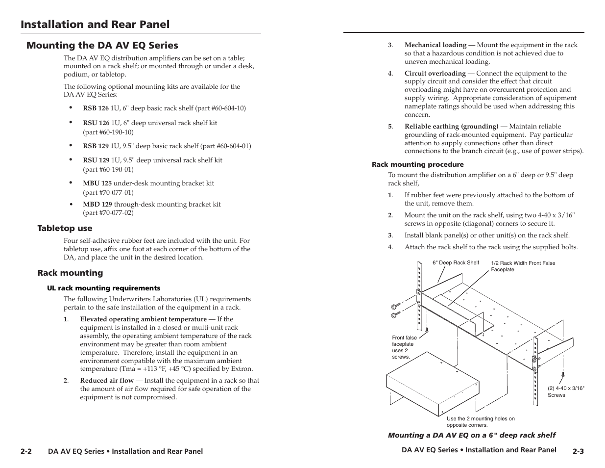 Mounting the da av eq series, Tabletop use, Rack mounting | Ul rack mounting requirements, Rack mounting procedure, Installation and rear panel | Extron Electronics DA 6V EQ User Manual | Page 9 / 22