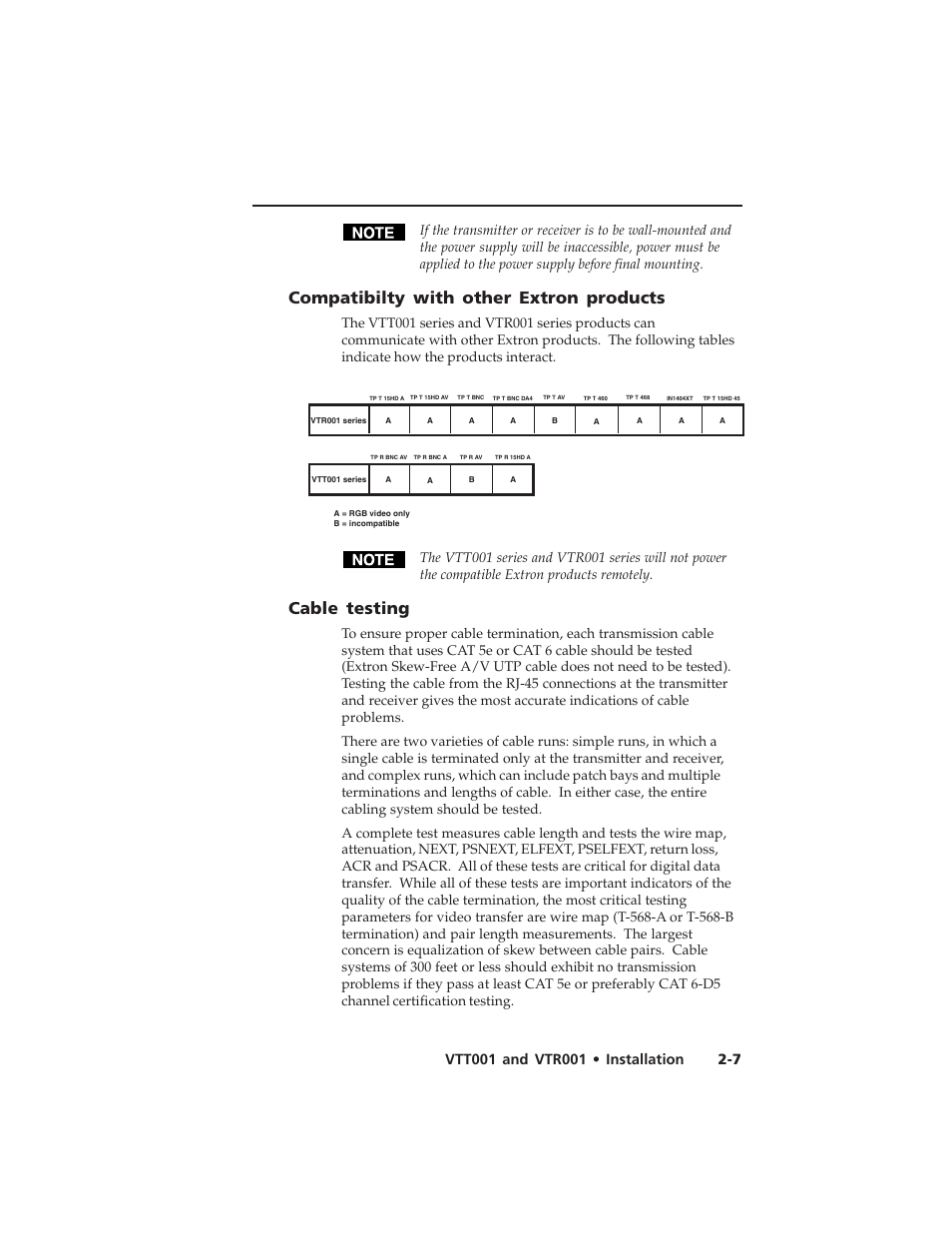 Compatibilty with other extron products, Cable testing | Extron electronic Twisted Pair Receiver VTR001 User Manual | Page 19 / 40