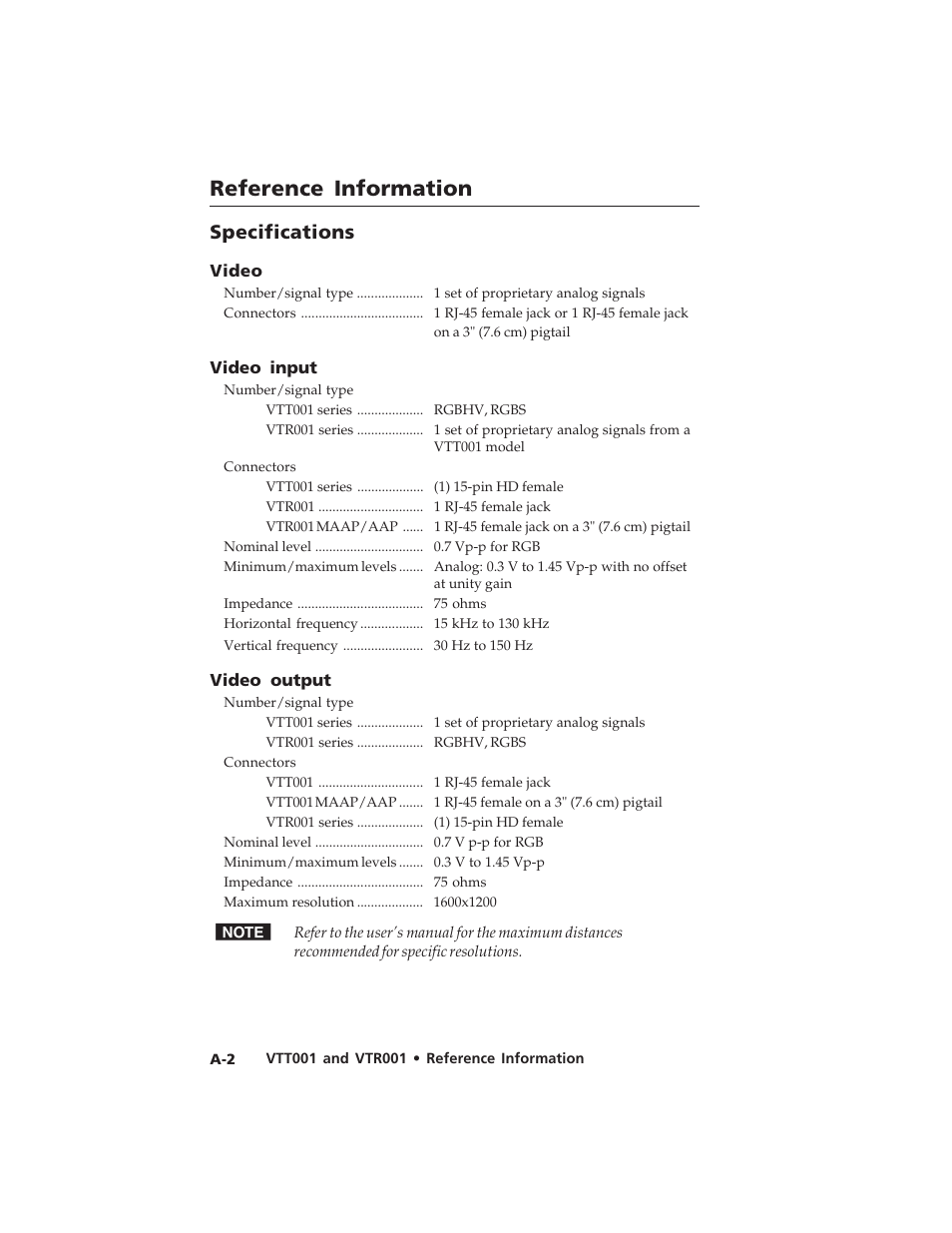 Reference information, Reference information, cont’d, Specifications | Extron electronic Twisted Pair Receiver VTR001 User Manual | Page 32 / 40