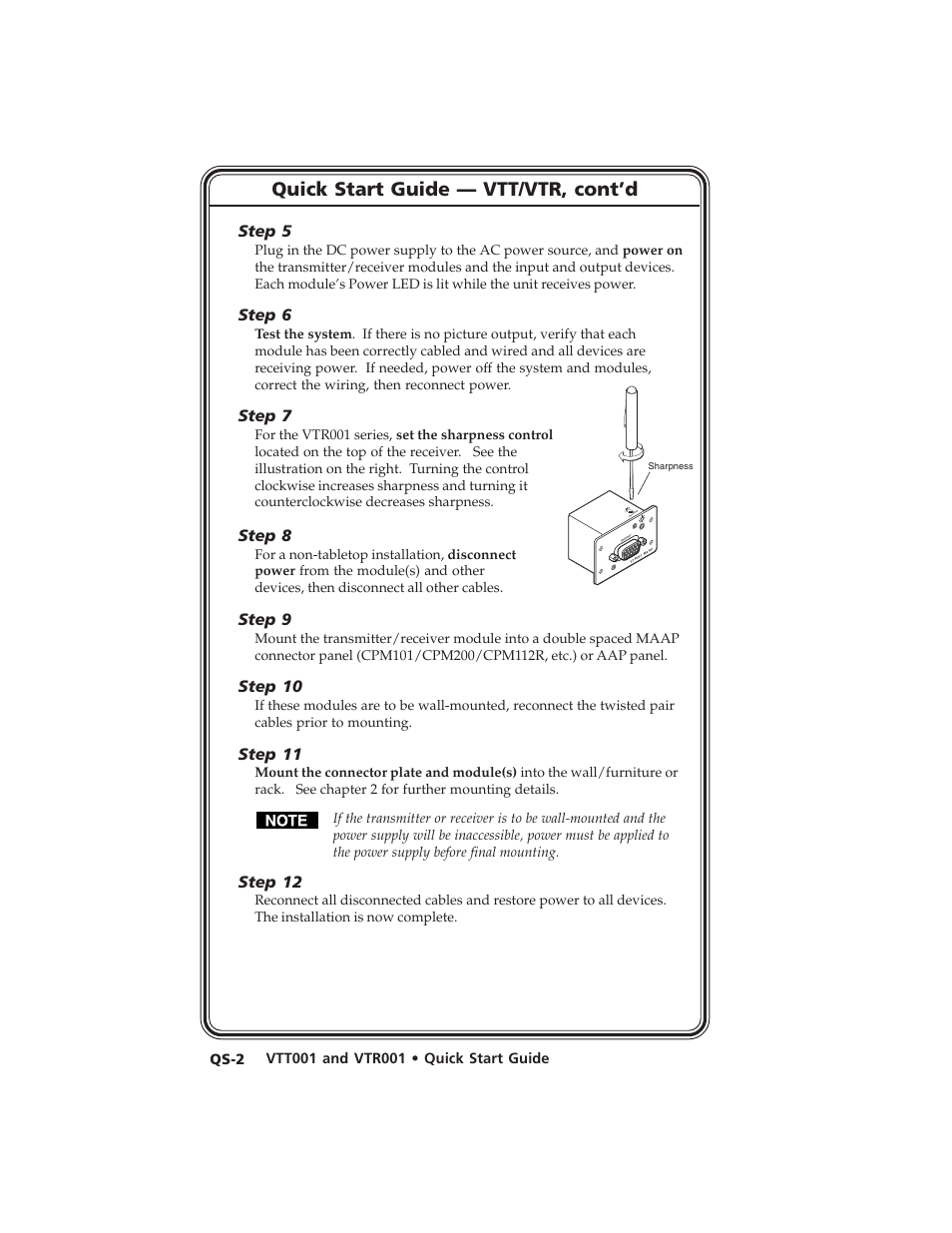 Quick start guide — vtt/vtr, cont’d, Step 5, Step 6 | Step 7, Step 8, Step 9, Step 10, Step 11, Step 12 | Extron electronic Twisted Pair Receiver VTR001 User Manual | Page 6 / 40