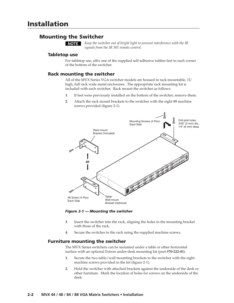 Installation, Installation, cont’d, Mounting the switcher | Tabletop use, Rack mounting the switcher, Furniture mounting the switcher | Extron electronic MVX 44 series User Manual | Page 12 / 78