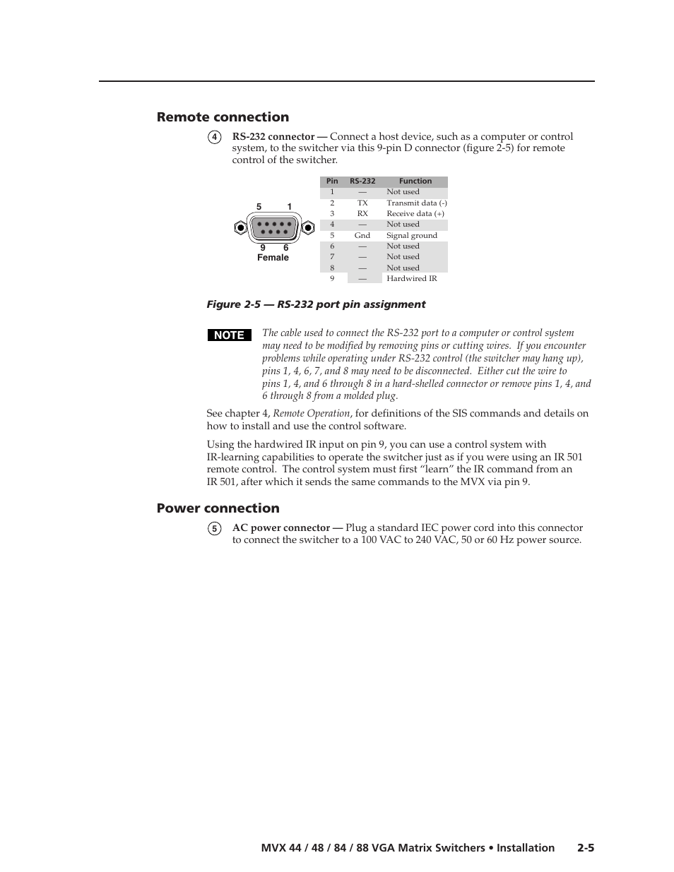 Remote connection, Power connection | Extron electronic MVX 44 series User Manual | Page 15 / 78