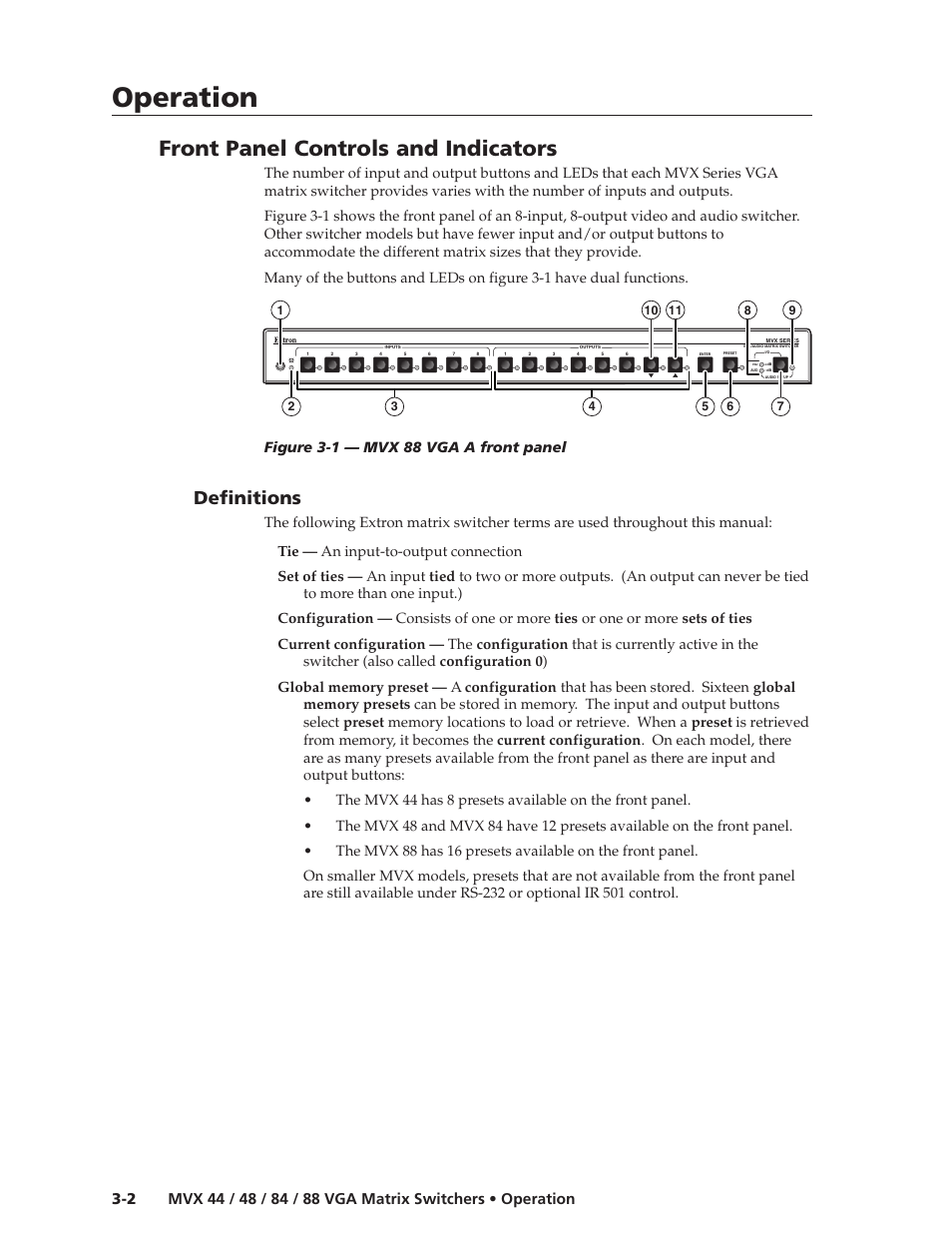 Operation, Operation, cont’d, Front panel controls and indicators | Definitions, Figure 3-1 — mvx 88 vga a front panel | Extron electronic MVX 44 series User Manual | Page 18 / 78