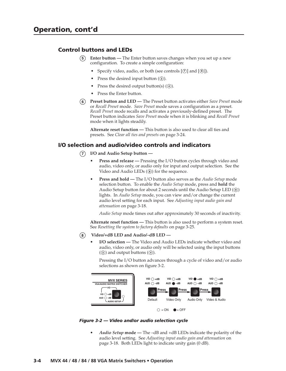 Operation, cont’d, Control buttons and leds | Extron electronic MVX 44 series User Manual | Page 20 / 78