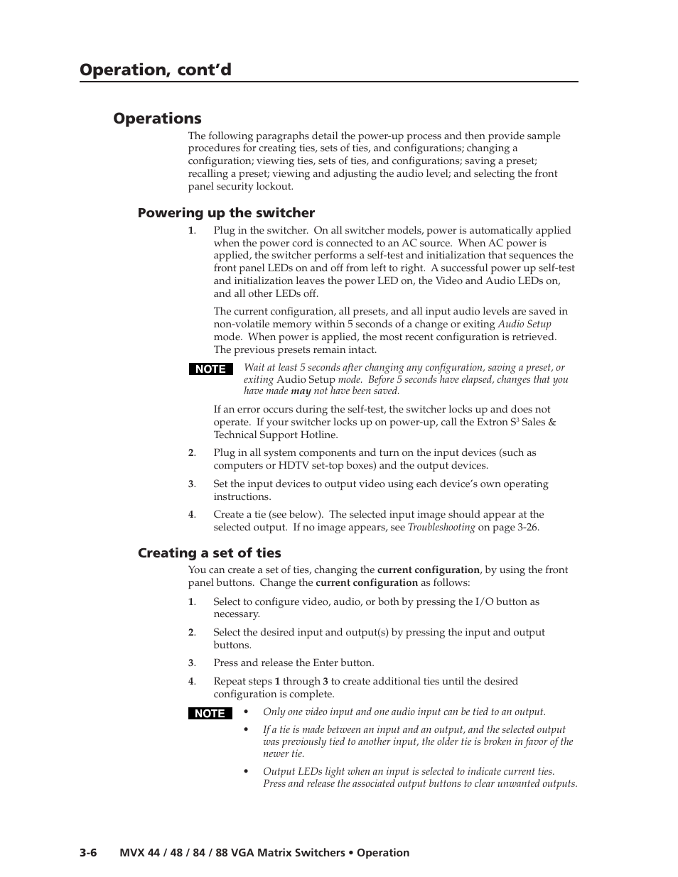 Operation, cont’d, Operations, Powering up the switcher | Creating a set of ties | Extron electronic MVX 44 series User Manual | Page 22 / 78