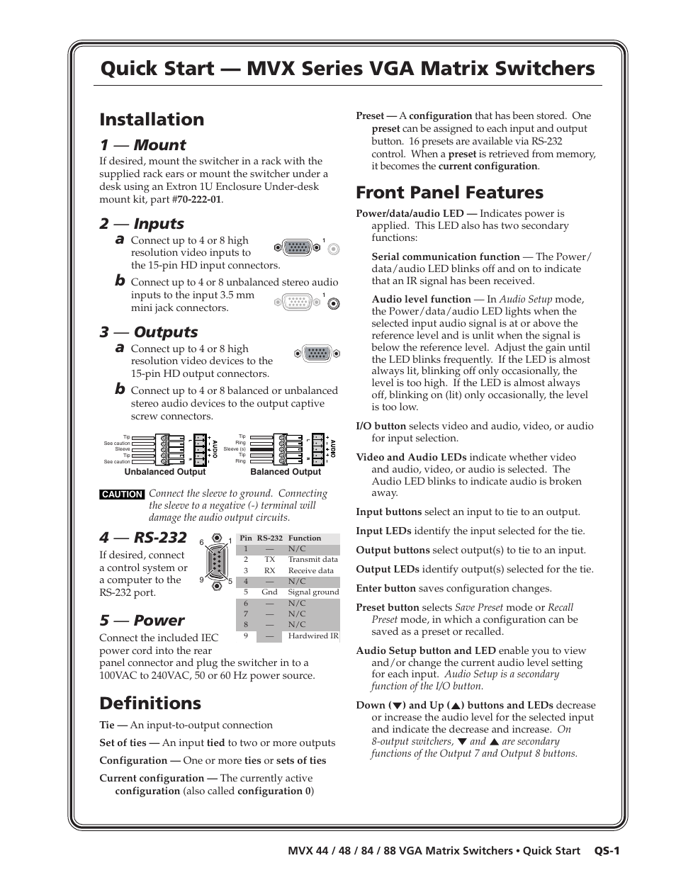 Quick start — mvx series vga matrix switchers, Installation, Definitions | Front panel features, 1 — mount, 2 — inputs a, 3 — outputs a, 4 — rs-232, 5 — power | Extron electronic MVX 44 series User Manual | Page 3 / 78