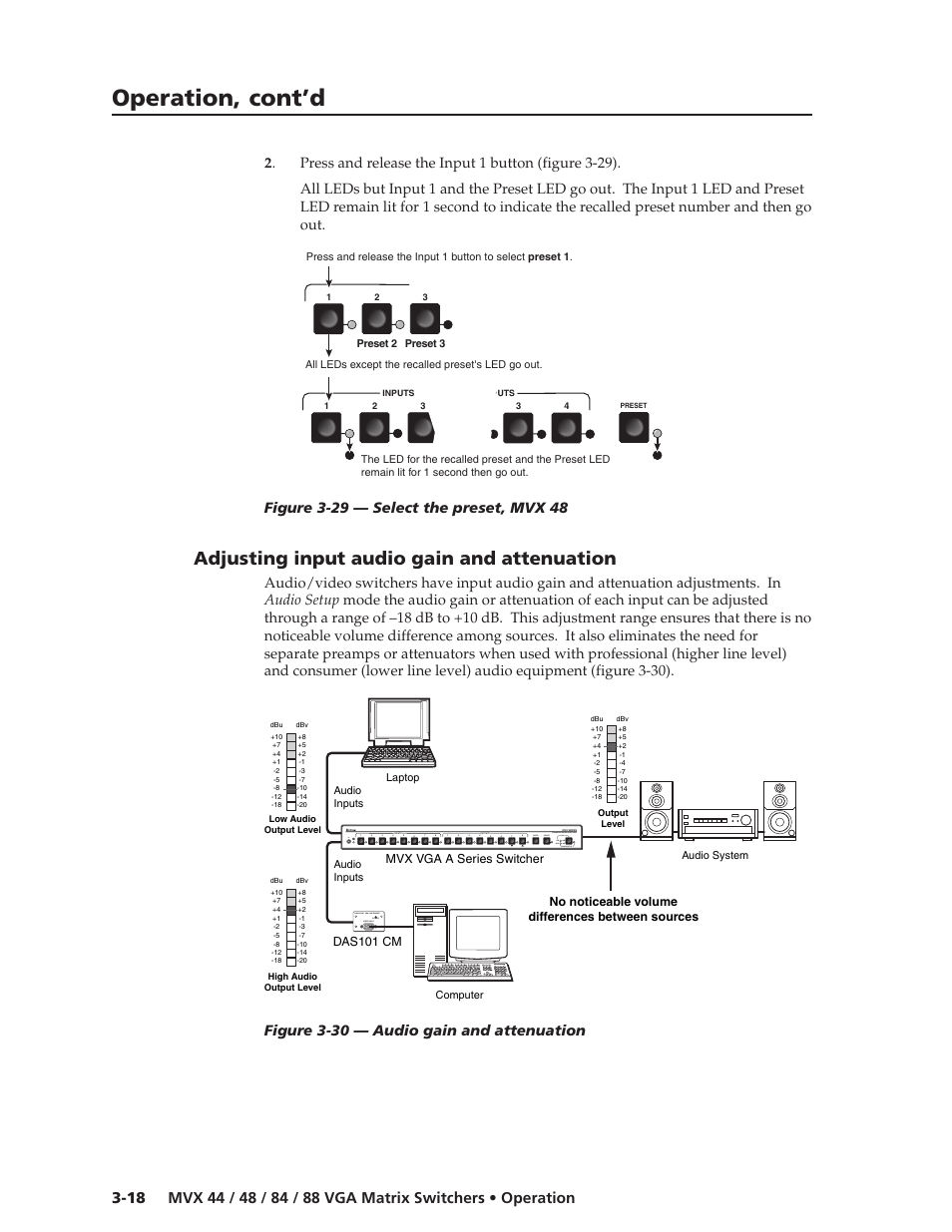Operation, cont’d, Adjusting input audio gain and attenuation, Dav101cm vga line driver video input power | Inputs outputs, Figure 3-30 — audio gain and attenuation | Extron electronic MVX 44 series User Manual | Page 34 / 78