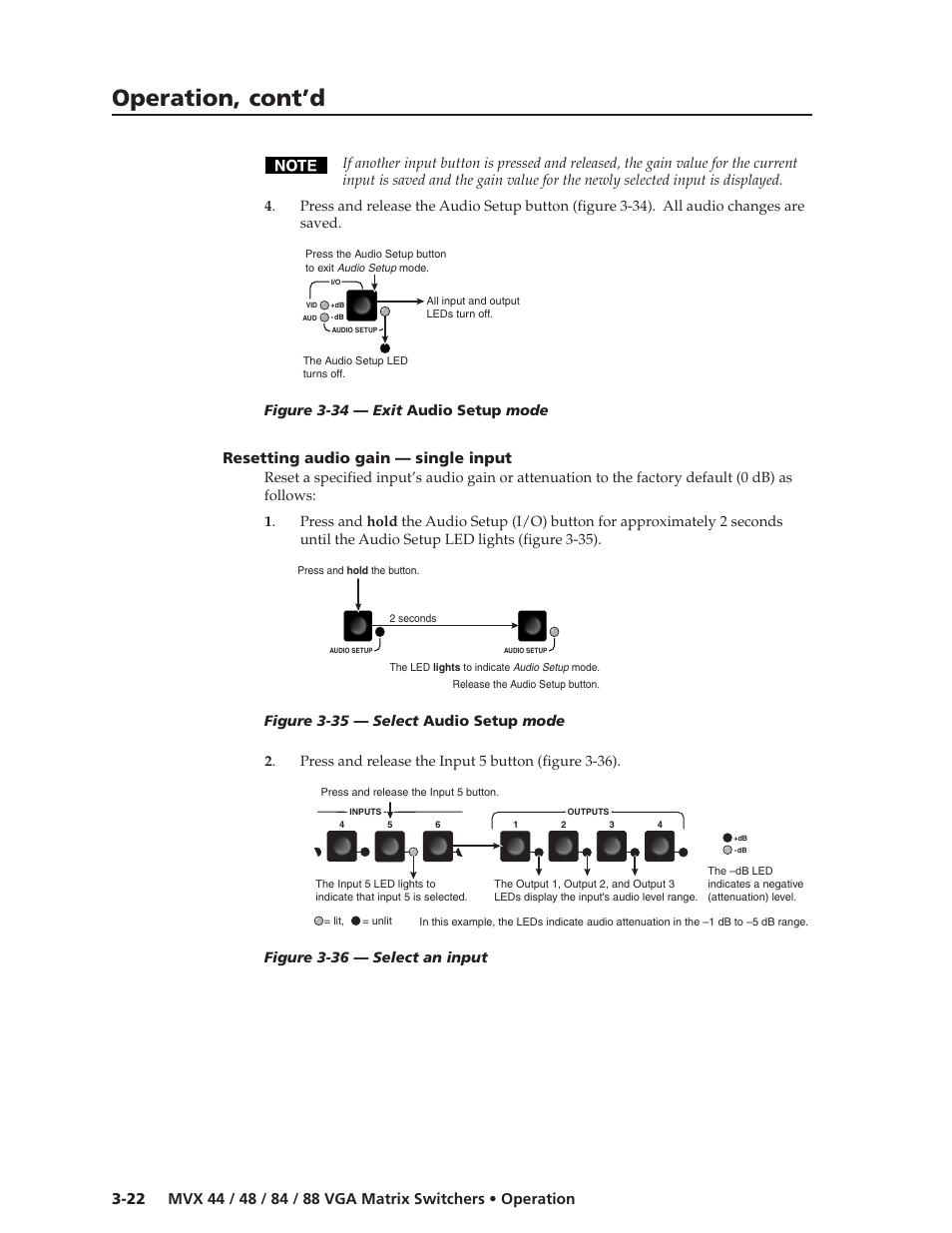 Operation, cont’d, Resetting audio gain — single input | Extron electronic MVX 44 series User Manual | Page 38 / 78
