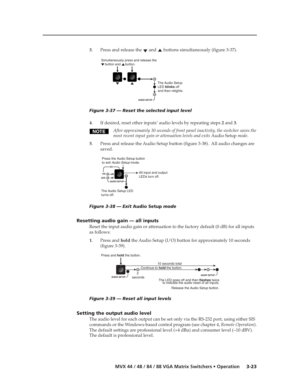Resetting audio gain — all inputs, Setting the output audio level | Extron electronic MVX 44 series User Manual | Page 39 / 78
