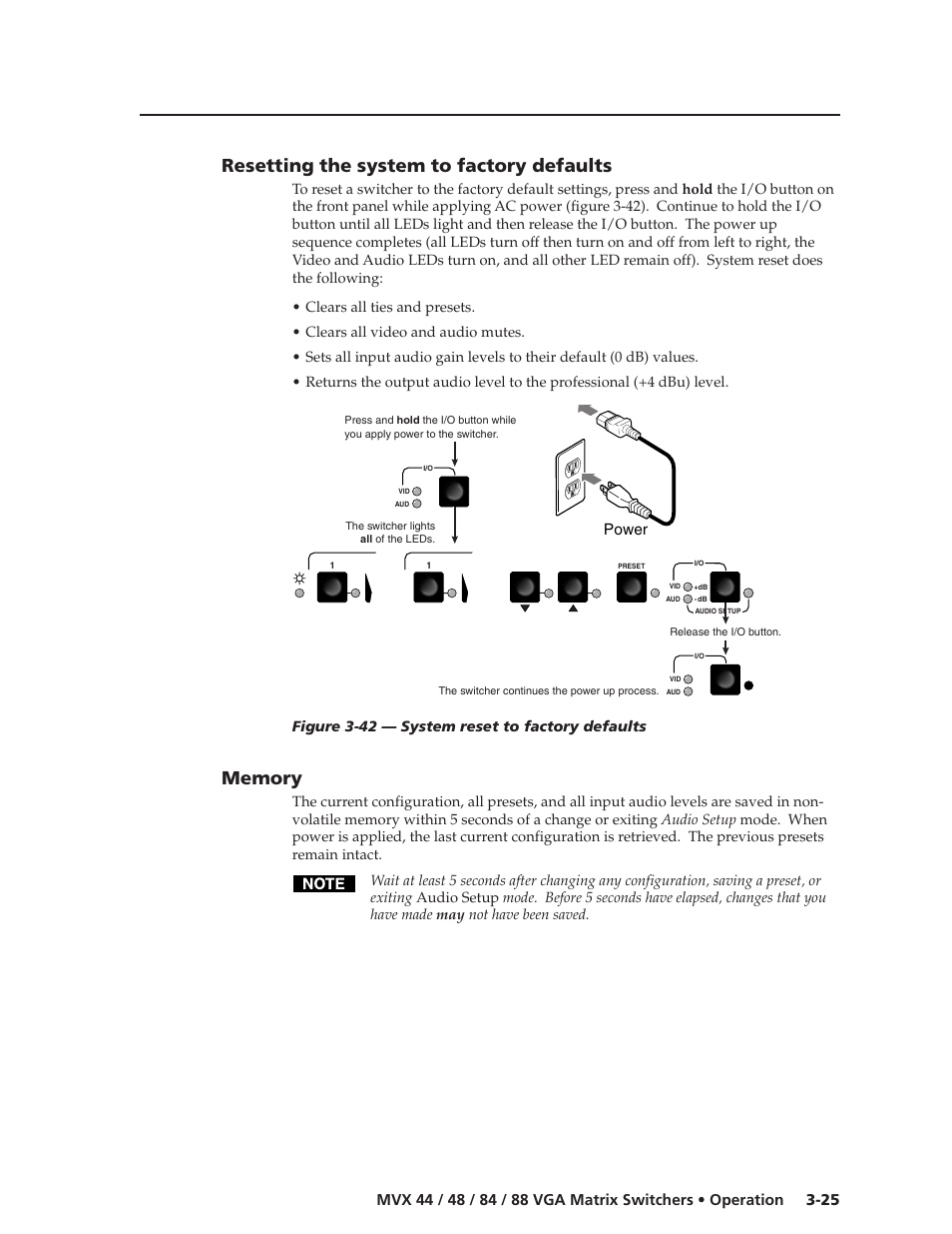 Resetting the system to factory defaults, Power | Extron electronic MVX 44 series User Manual | Page 41 / 78