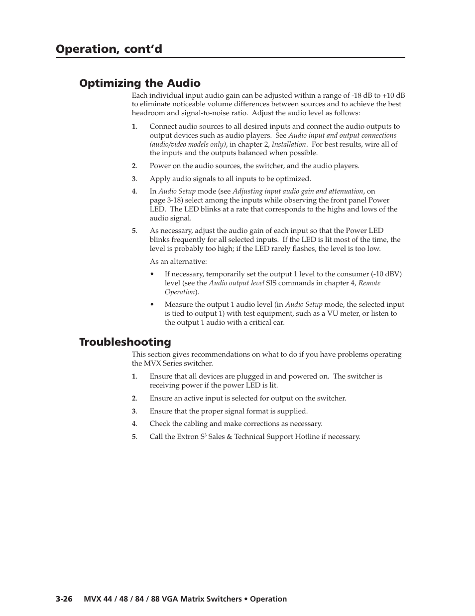 Operation, cont’d, Optimizing the audio, Troubleshooting | Extron electronic MVX 44 series User Manual | Page 42 / 78