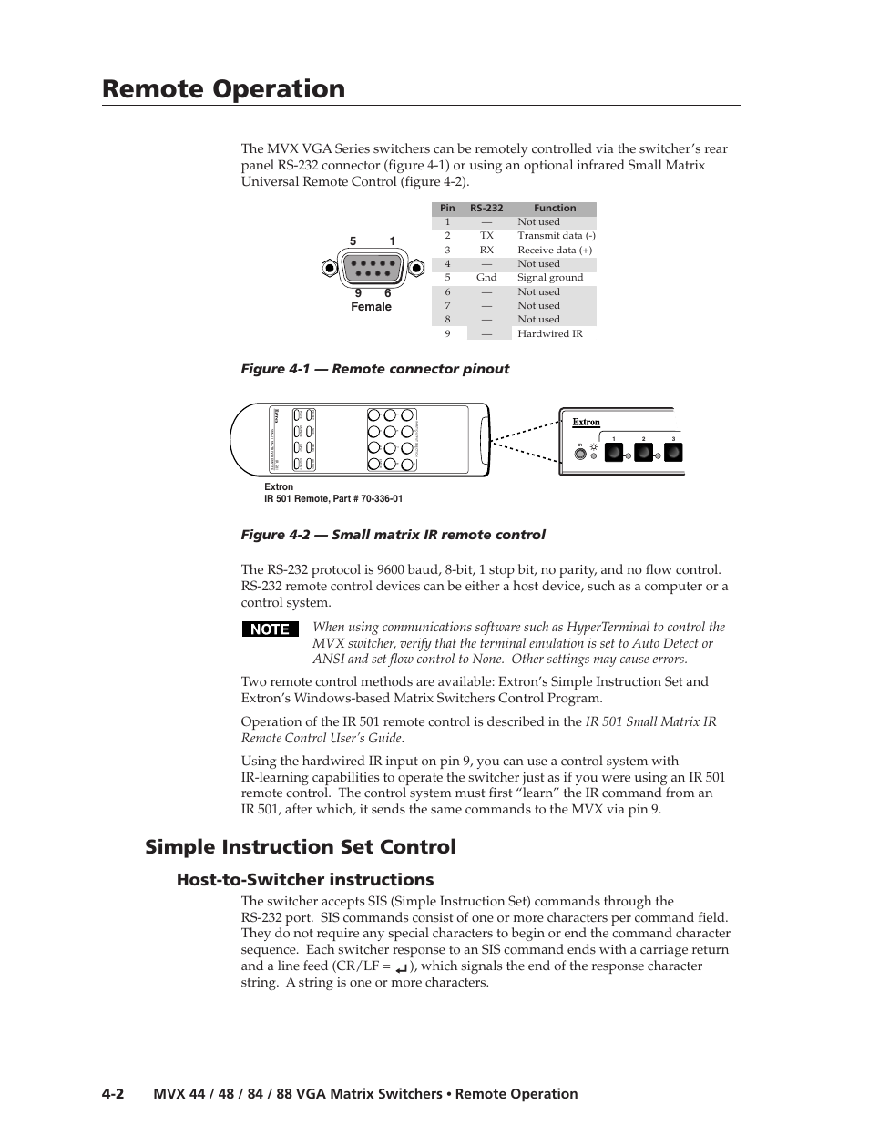 Remote operation, Remote operation, cont’d, Simple instruction set control | Host-to-switcher instructions, Figure 4-1 — remote connector pinout, 51 9 6 female | Extron electronic MVX 44 series User Manual | Page 50 / 78