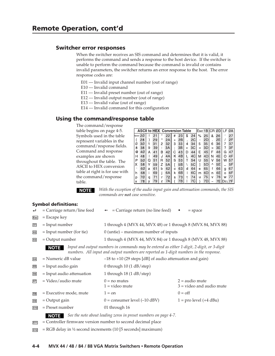 Remote operation, cont’d, Switcher error responses, Using the command/response table | Extron electronic MVX 44 series User Manual | Page 52 / 78