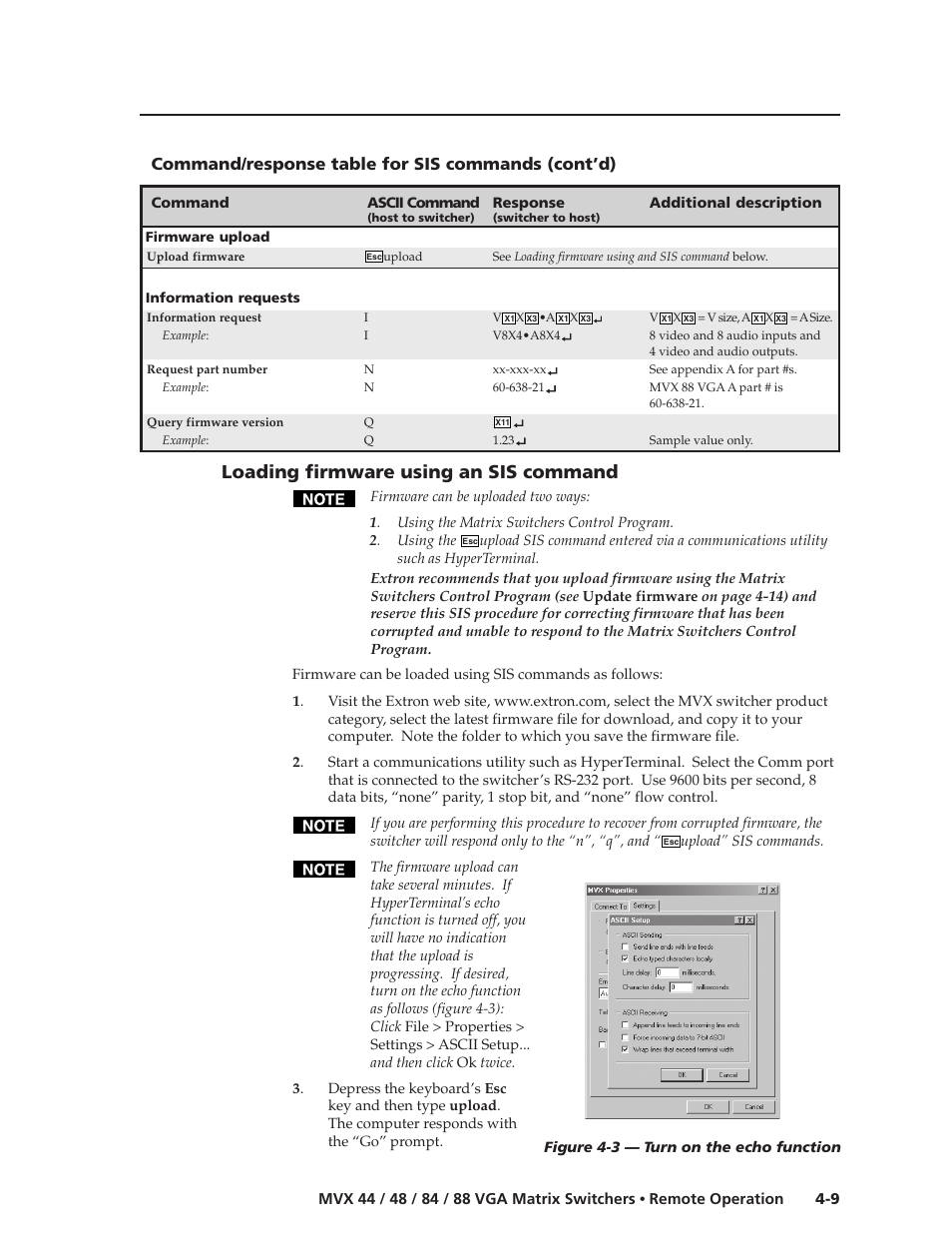 Loading firmware using an sis command, Command/response table for sis commands (cont’d) | Extron electronic MVX 44 series User Manual | Page 57 / 78
