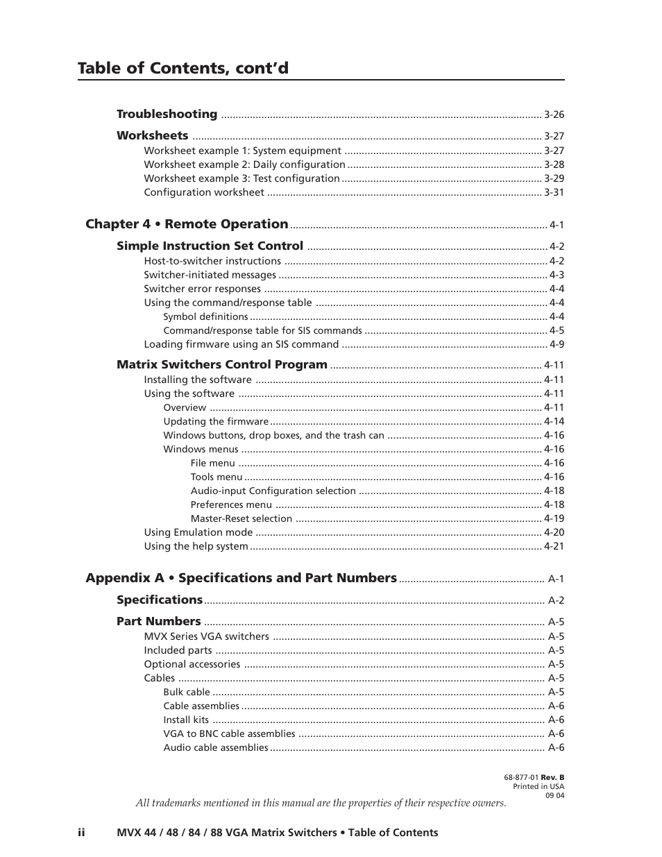 Table of contents, cont’d, Chapter 4 • remote operation, Appendix a • specifications and part numbers | Extron electronic MVX 44 series User Manual | Page 6 / 78