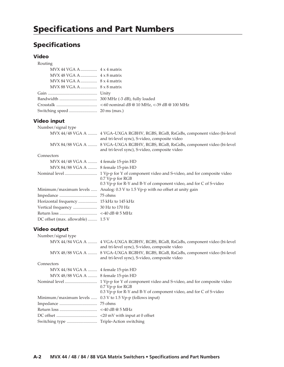 Specifications and part numbers, Specifications and part numbers, cont’d, Specifications | Extron electronic MVX 44 series User Manual | Page 72 / 78