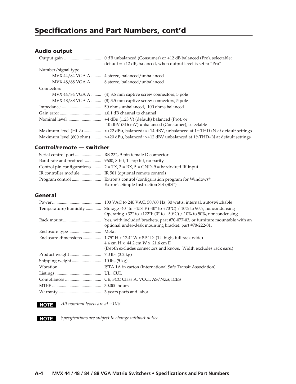 Specifications and part numbers, cont’d | Extron electronic MVX 44 series User Manual | Page 74 / 78