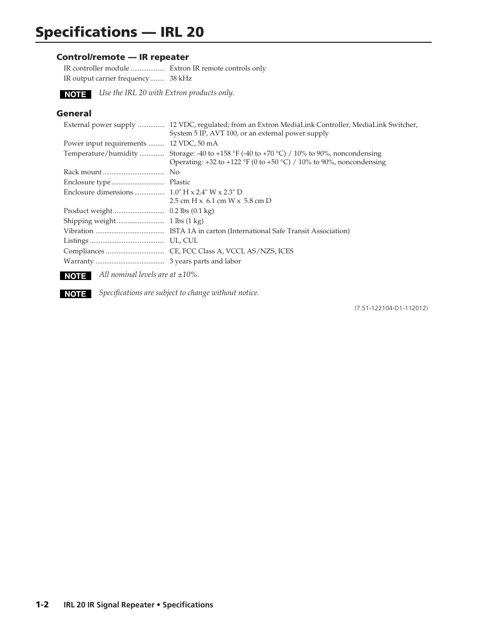 Extron electronic IR Repeater IRL 20 User Manual | 1 page
