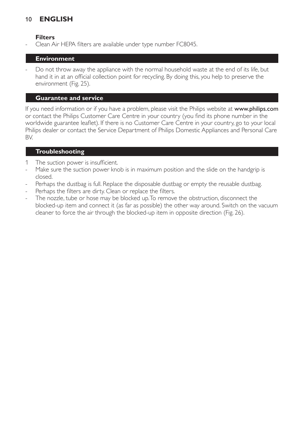 Filters, Environment, Guarantee and service | Troubleshooting | Philips FC8445 User Manual | Page 10 / 100