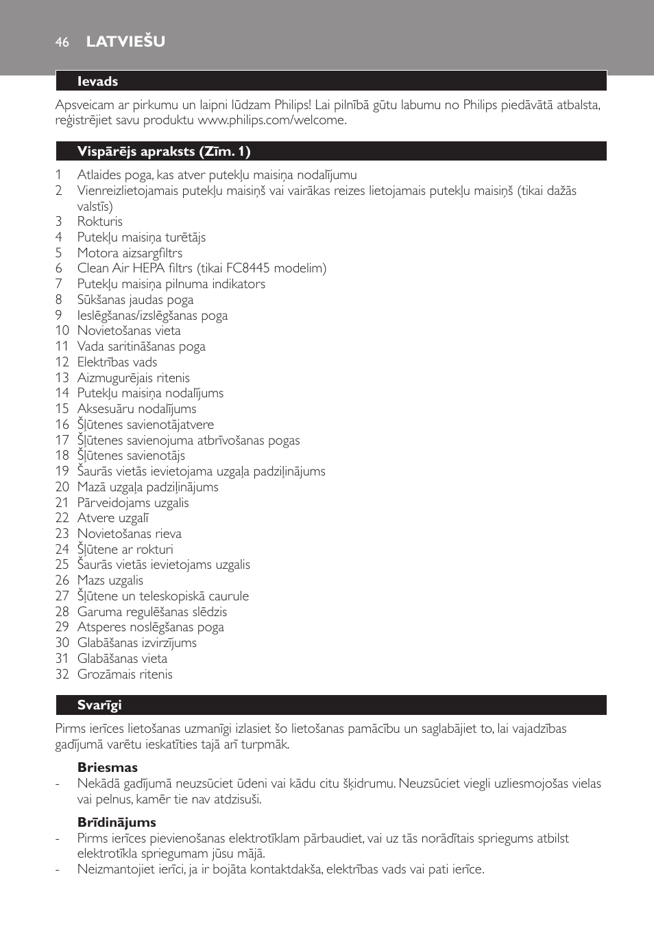 Briesmas, Brīdinājums, Latviešu | Ievads, Vispārējs apraksts (zīm. 1), Svarīgi | Philips FC8445 User Manual | Page 46 / 100