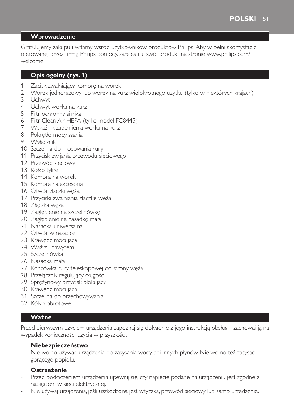 Niebezpieczeństwo, Ostrzeżenie, Polski | Wprowadzenie, Opis ogólny (rys. 1), Ważne | Philips FC8445 User Manual | Page 51 / 100