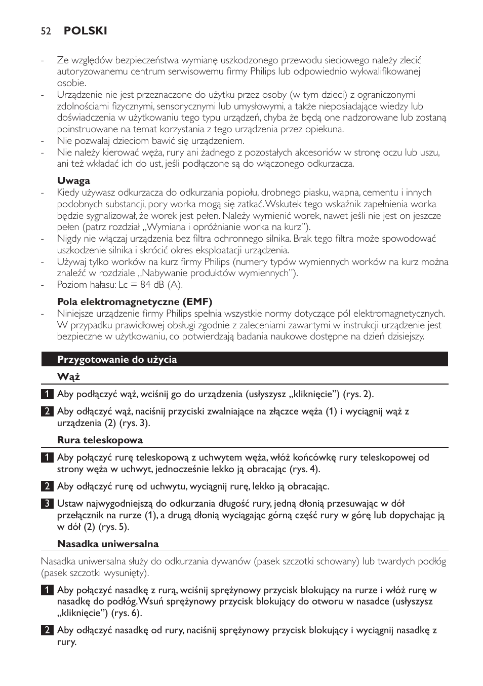 Uwaga, Pola elektromagnetyczne (emf), Przygotowanie do użycia | Rura teleskopowa, Nasadka uniwersalna | Philips FC8445 User Manual | Page 52 / 100