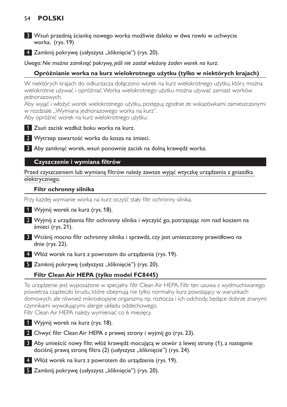 Czyszczenie i wymiana filtrów, Filtr ochronny silnika, Filtr clean air hepa (tylko model fc8445) | Philips FC8445 User Manual | Page 54 / 100