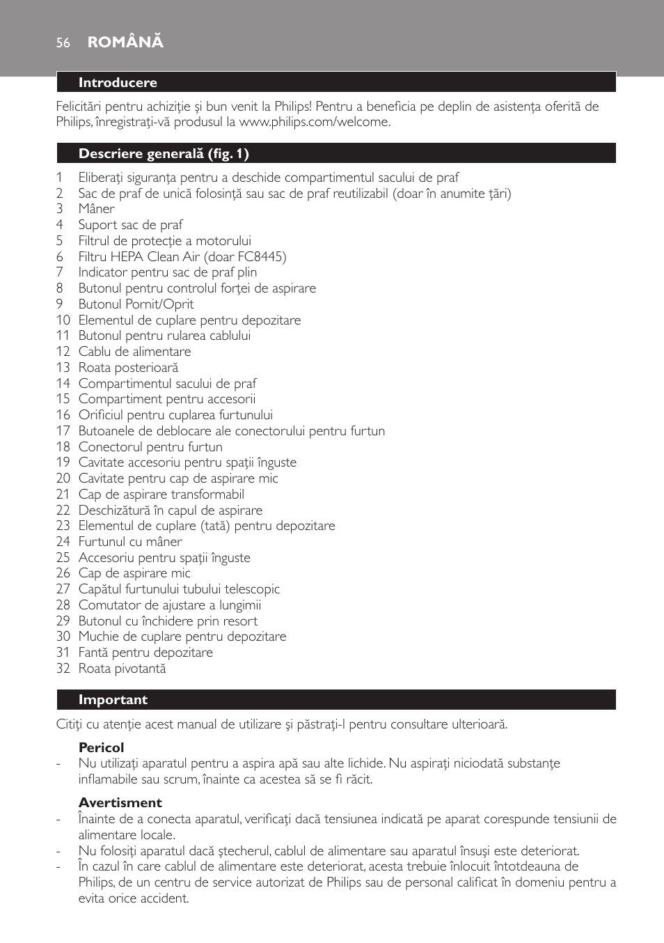 Pericol, Avertisment, Română | Introducere, Descriere generală (fig. 1), Important | Philips FC8445 User Manual | Page 56 / 100
