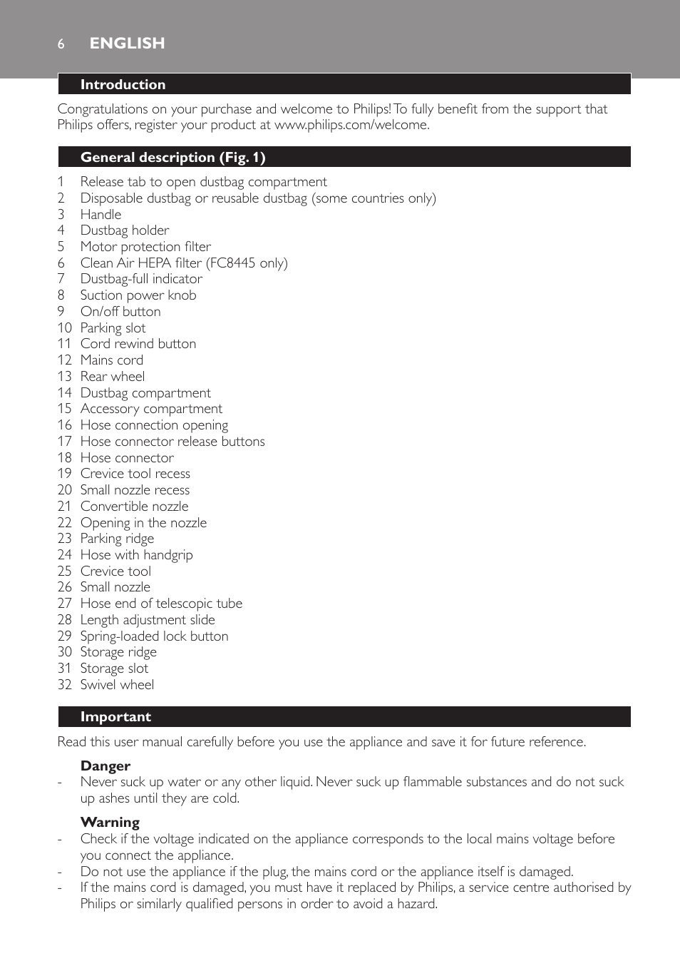English, Introduction, General description (fig. 1) | Important, Danger, Warning | Philips FC8445 User Manual | Page 6 / 100