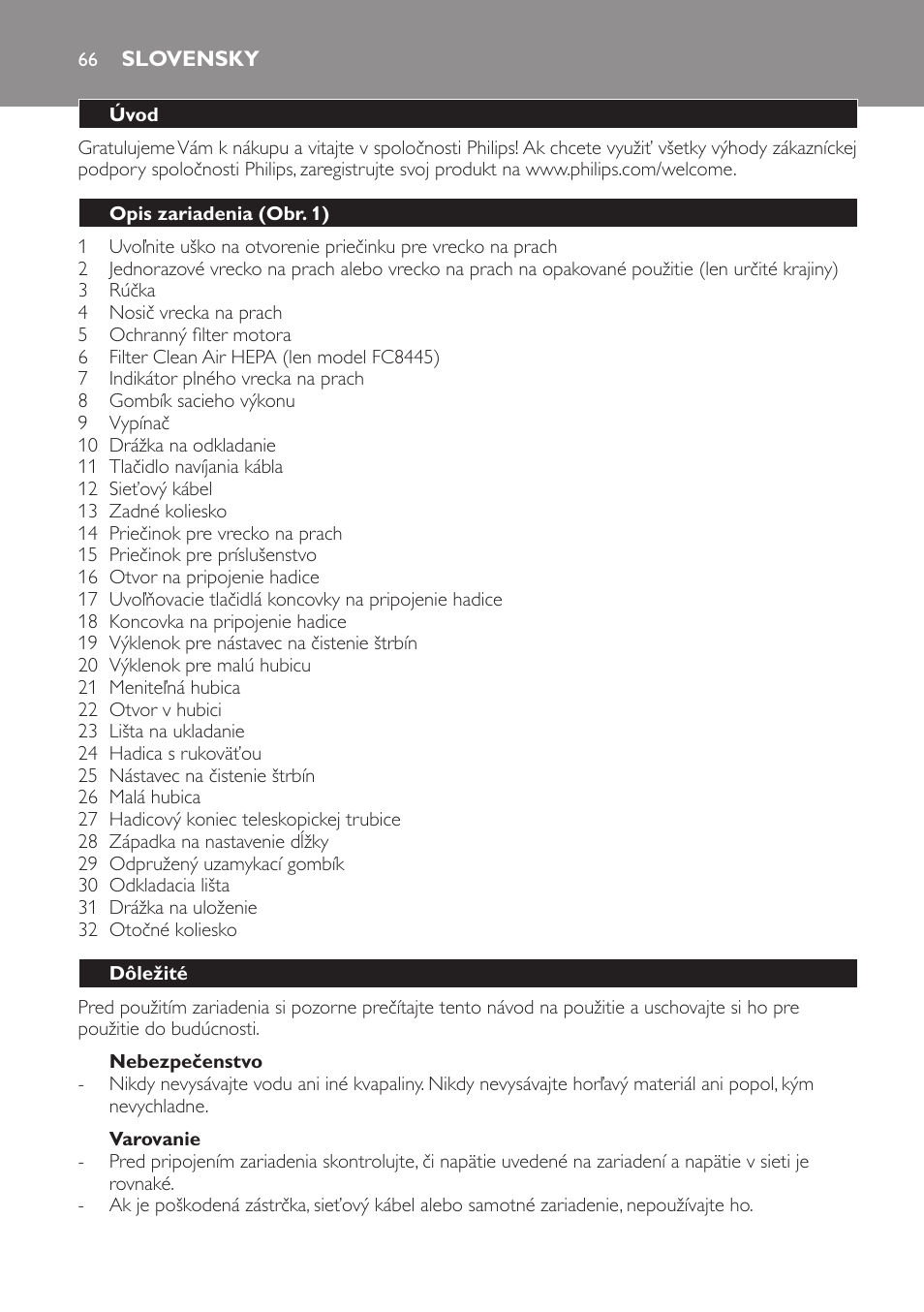 Nebezpečenstvo, Varovanie, Slovensky | Úvod, Opis zariadenia (obr. 1), Dôležité | Philips FC8445 User Manual | Page 66 / 100