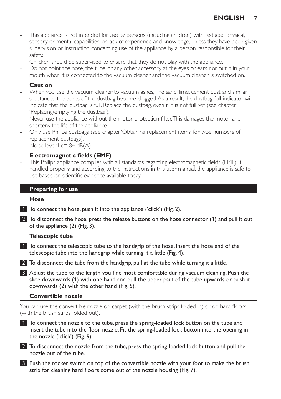 Caution, Electromagnetic fields (emf), Preparing for use | Hose, Telescopic tube, Convertible nozzle | Philips FC8445 User Manual | Page 7 / 100