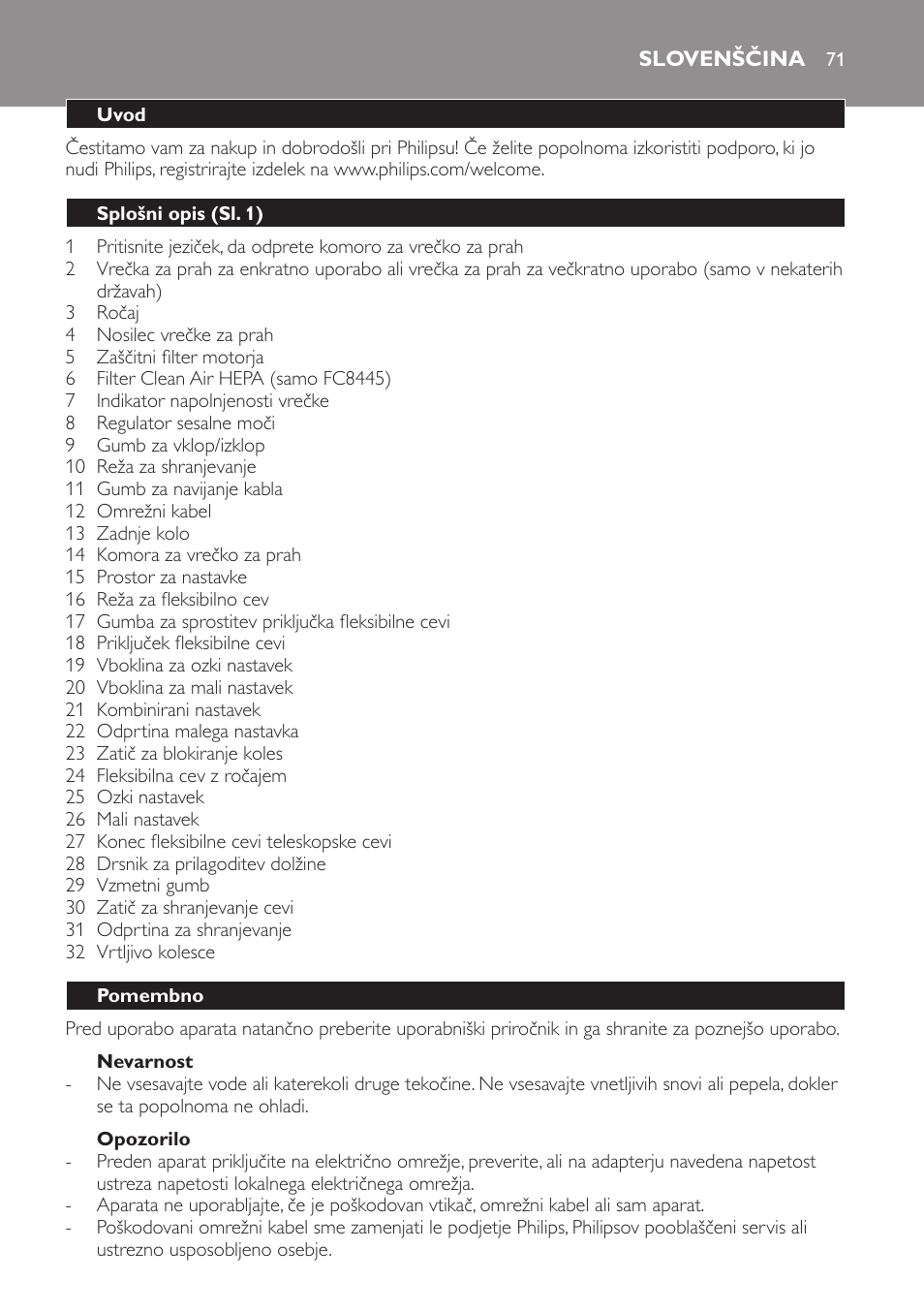 Nevarnost, Opozorilo, Slovenščina | Uvod, Splošni opis (sl. 1), Pomembno | Philips FC8445 User Manual | Page 71 / 100