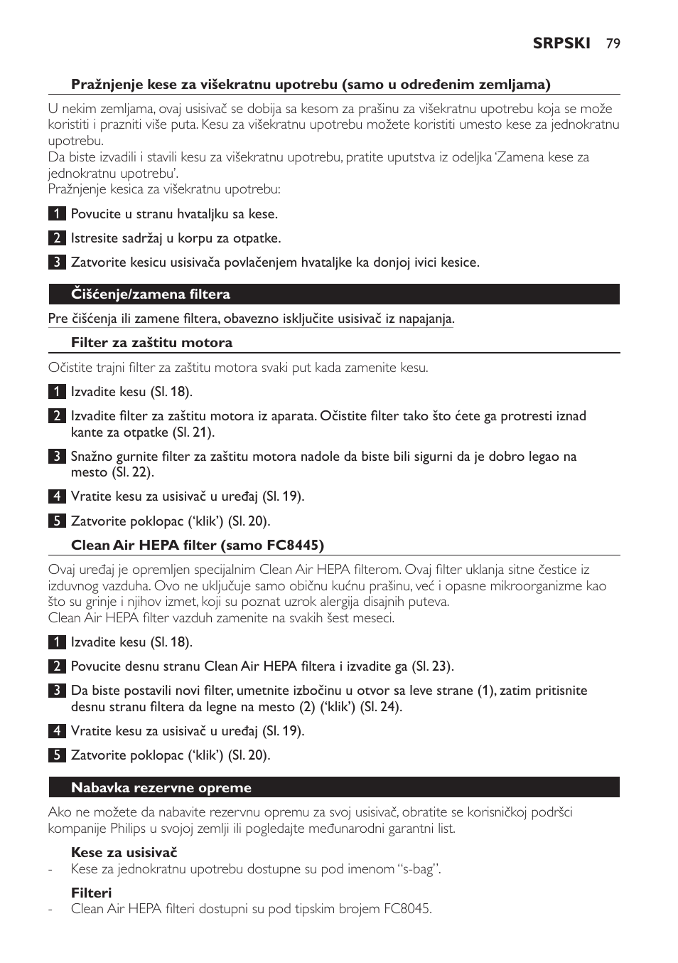 Čišćenje/zamena filtera, Filter za zaštitu motora, Clean air hepa filter (samo fc8445) | Kese za usisivač, Filteri, Nabavka rezervne opreme | Philips FC8445 User Manual | Page 79 / 100