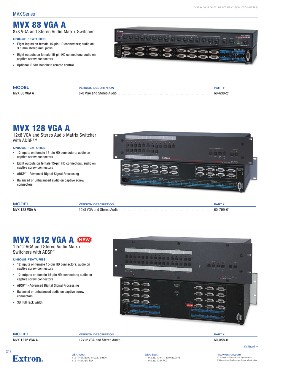 Mvx 88 vga a, Mvx 128 vga a, Mvx 1212 vga a | Mvx series, 8x8 vga and stereo audio matrix switcher | Extron electronic MVX 128 VGA User Manual | Page 3 / 5